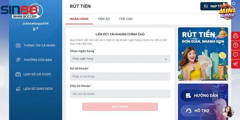 Hướng dẫn thao tác rút tiền Sin88 cụ thể 